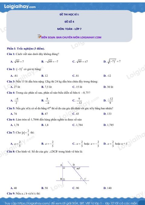 Đề thi học kì 1 Toán 7 - Đề số 4 - Cánh diều